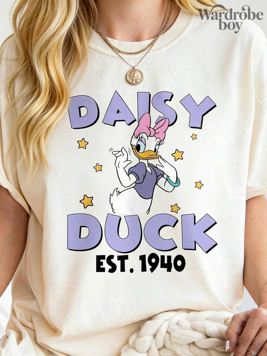 Disney White Round Neck Short Sleeved Printed T-Shirt, Cartoon Daisy Printed T-Shirt, 2026 New T-Shirt, Family Leisure Vacation T-Shirt, Unisex, High-Quality Pure Cotton T-Shirt, Suitable For All Seasons, Comfortable And Breathable | Exquisite Design | The Best Choice For Gifts - 白色 - 查看 1