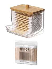 1pc Multi-Functional Cotton Swab Storage Box, With Bamboo Lid, Transparent Small Cotton Swab Box, Plastic Toothpick Storage Container, Dental Floss Organizer, Bathroom Countertop Decorative Storage Box - Multicolor - View 9