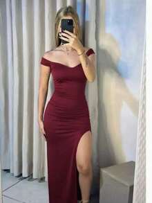 Elegant Women's Long RILARY Dress With Side Slit And Off-The-Shoulder Neckline – Fitted Style For Parties/Evenings - 酒紅色 - 查看 2