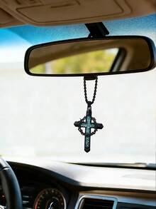 Gothic Style Christian Cross Pendant With Blue Embedded Thorny Wreath Car Hanging Ornament - Religious Faith Rearview Mirror Decor For Spiritual Protection - A - View 6