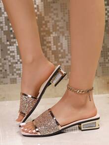 女士夏季新款时尚优雅水钻方头粗跟凉鞋 - 粉色 - 查看 3