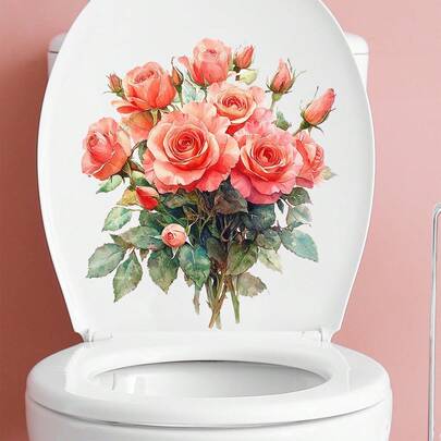 1PC/Watercolor Pink Roses Toilet Lid Decal - Removable Floral Toilet Sticker, Self-Adhesive Bathroom Decor, Waterproof Vinyl Toilet Seat Cover Sticker For Bathroom, Powder Room, RV, Apartment Decorations