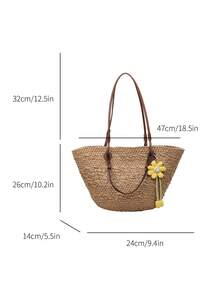 1 chiếc túi đeo vai dệt mới, túi tote rơm dung tích lớn, không kèm mặt dây chuyền, túi đi biển thời trang. - màu nâu - Xem 4