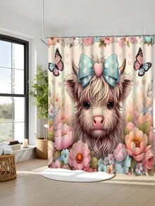 1/4 Set Cute Highland Cow & Floral Pattern Waterproof Shower Curtain Set, Thick Polyester Anti-Mildew, Includes 12 Hooks, Non-Slip Bath Mat, U-Shaped Toilet Lid Cover, Bathroom Carpet & Curtain Full Set - A - View 6