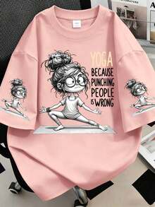 Women's Yoga Pattern Slogan T-Shirt, Fun Printed Short Sleeved Round Neck Casual Top, Spring And Summer Pink - Pink - View 1