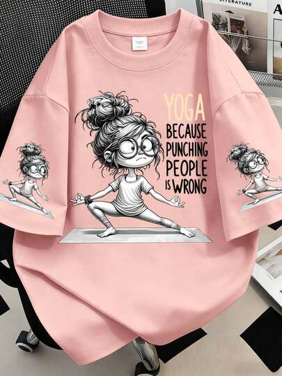 Women's Yoga Pattern Slogan T-Shirt, Fun Printed Short Sleeved Round Neck Casual Top, Spring And Summer