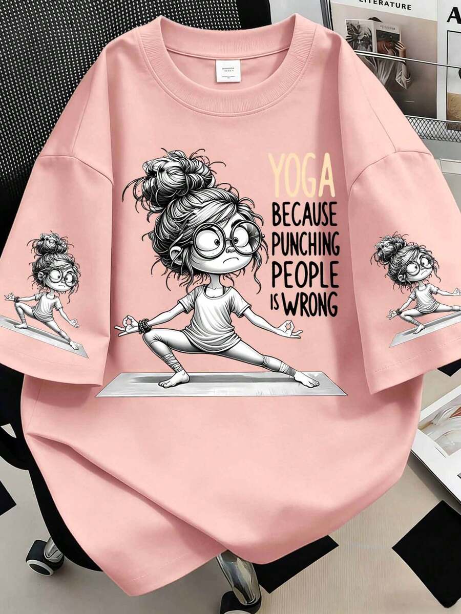 Women's Yoga Pattern Slogan T-Shirt, Fun Printed Short Sleeved Round Neck Casual Top, Spring And Summer Pink - Pink - View 1