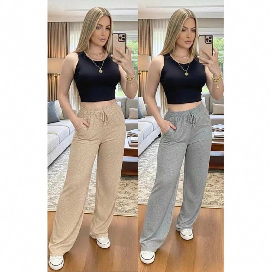 Kit 2 Women's Fleece Trousers Winter Cold Fashion - 米色和灰色 2 件套裝 - 查看 1