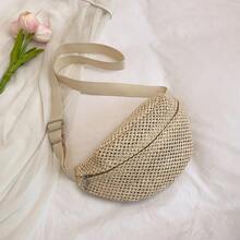 Túi đeo hông bằng rơm thủ công, túi đeo ngực kiểu dáng du lịch, túi đeo chéo tối giản kiểu Nhật Bản. - Màu be - Xem 9