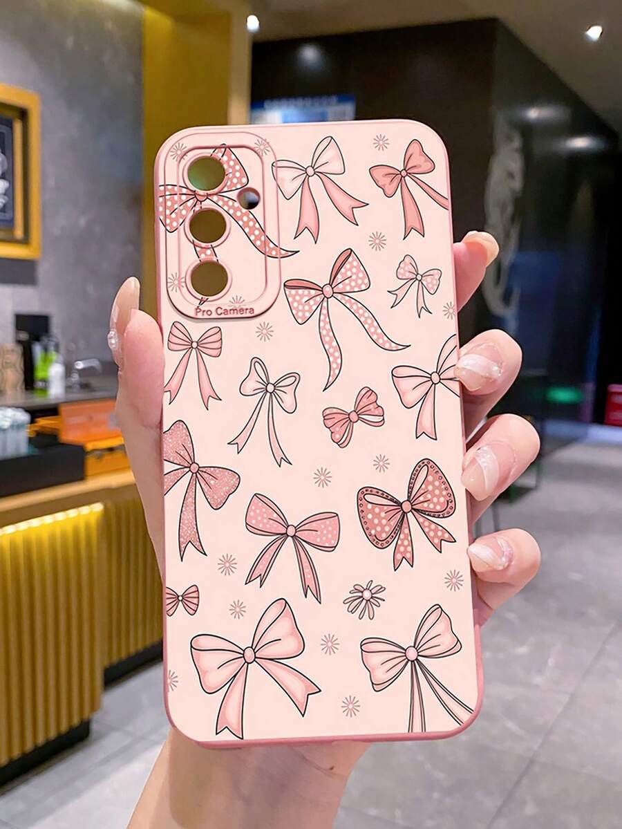 1pc Pink Bow Tie Camera Anti-Drop Phone Case, UV Printed Compatible With Samsung/Galaxy///// Android Models - Pink - View 1