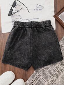 Es Trus Plus 女士夏季纯色柔软舒适日常休闲运动短裤，通勤百搭，时尚复古街头风，嘻哈 Y2K 黑色做旧水洗，前口袋，宽松抽绳收腰短裤，夏季外出完美之选，可机洗。 - 黑色 - 查看 2