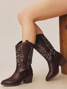 Women's Western Cowboy Boots Europe And The United States New Western Style Traditional Embroidery Pointed Thick Heel Slim Boots Soles Non-Slip Wear-Resistant Not Tired Feet Suitable For Daily Festivals To Wear Ranch Culture, Rodeo Party Culture And Street Fashion To Wear. - Dark Brown - View 5