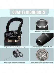 1个30盎司不锈钢玻璃杯，带盖和把手 - 双层隔热，保温/保冷，防漏，真空隔热，大容量，适合户外使用 - 彩色 - 查看 2