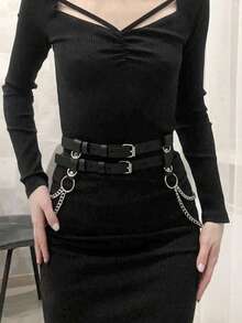 1pc Fashion Double-Layered PU Leather Belt For Women, Featuring A Single-Layer Chain Design, Perfect For Pairing With Casual Wear And Accentuating The Figure. - 彩色 - 查看 10