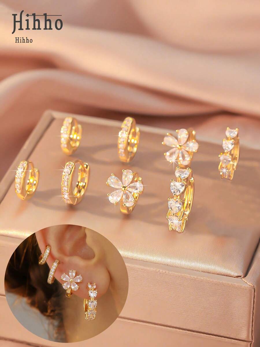 Hihho 8件套简约金色心形和花朵造型耳环,镶嵌经典立方氧化锆,适合女孩日常佩戴和作为礼物 - 金色 - 查看 1