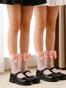 2 Pairs Kids Cute Bow Fishnet Socks, Girls' Breathable Hollow Out Mid-Calf Mesh Socks For Spring & Summer - White - View 5