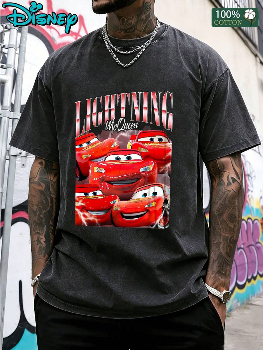 Disney Pixar Cars Lightning McQueen Print T-Shirt, Unisex Washable Cotton T-Shirt, Soft Washable Texture, Loose Crew Neck, Machine Washable, Vintage T-Shirt For Casual, Beach, Party & Outdoor Activities - Black - View 1
