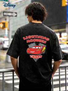 Cars Themed Cartoon T-Shirt, Lightning McQueen Racing Print, Nostalgic Style Racing McQueen T-Shirt, Retro Washed Couple's Short Sleeved Shirt, Cartoon Lightning McQueen Racing Checkerboard Element Loose Unisex, Cars Mobilization McQueen Cartoon T-Shirt, Retro Distressed Men's T-Shirt, McQueen Couple's T-Shirt, Disney Racing Unisex T-Shirt, Disney Casual Style Short Sleeved Shirt, 230G Washed High-Quality Cotton Double-Sided Printed T-Shirt - 黑色 - 查看 3
