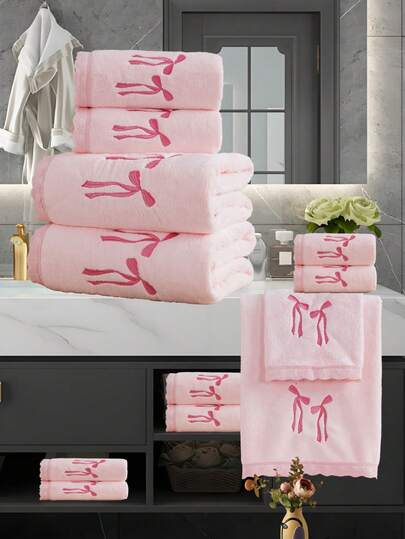 Bộ 3 khăn tắm/khăn tay bằng vải lông san hô thêu nơ, siêu thấm hút, sợi mềm mại, thích hợp cho phòng tắm, khách sạn, phòng tập thể dục, du lịch, làm quà tặng, salon, thể thao, ngoài trời, bãi biển, trường học, chuẩn bị năm học mới, phụ kiện du lịch, đồ dùng thiết yếu tại nhà.