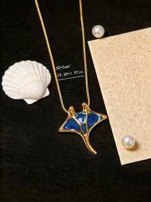1pc 18K Gold Plated Stainless Steel Enamel Colorful Manta Ray & Devil Fish Pendant Necklace, Beach Vacation Style, Fashion Curb Chain Choker - Stingray - View 3