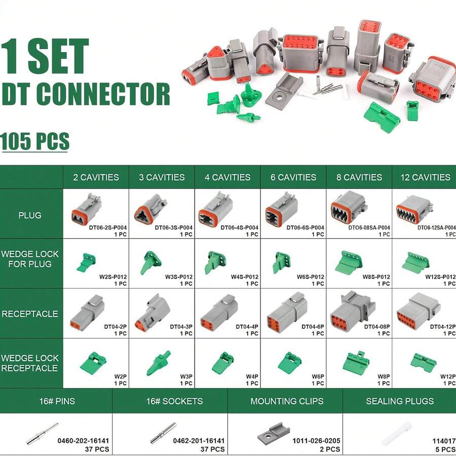 德驰连接器套件 IP67 - 2 3 4 6 8 12 针 DT 连接器 1 套，带 16 号实心触点，适用于汽车、船舶、卡车、摩托车等汽车电气线束连接器