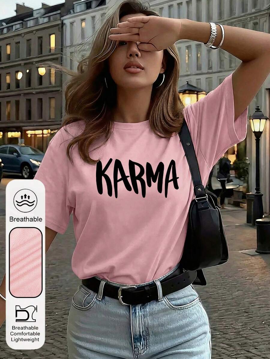 女士每日业力字母图案圆领短袖休闲夏季粉色上衣 - 粉色 - 查看 1