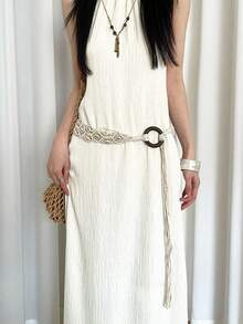 1pc Women's Beige Polyester Bohemian Sea Shell & Wooden Bead Woven Waist Rope - Beige - View 1