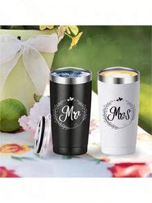 1 Set Mr & Mrs Stainless Steel Insulated Travel Mugs, Ideal For Newlyweds, Wife, Bride, Engagement Anniversary, Valentine's Day, Party, Wedding Gift, 20oz (600ml) Capacity - Multicolor - View 5