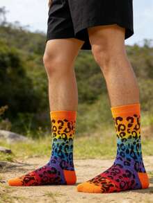 1双男女通用袜子，常规秋冬休闲情侣袜，豹纹个性时尚休闲袜 - 彩色 - 查看 3