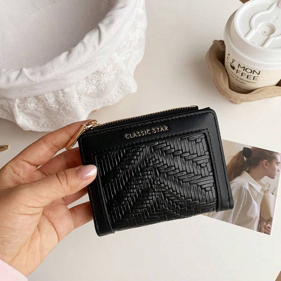 信封钱包 - 女士褶皱纹理极简对折拉链真皮钱包，迷你钱包，小钱包，可爱钱包 - 彩色 - 查看 1