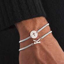 2Pcs/Set Fashion Initial Round Hollow Cross Silvery Stainless Steel Layered Chain Bracelets For Men - Silver - View 1