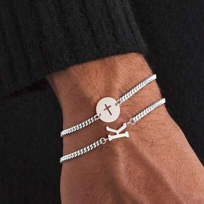 男士2件套时尚字母圆形镂空十字架银色不锈钢多层链手链