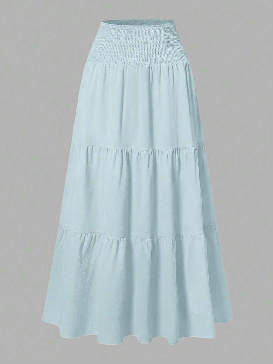 Women's Solid Color Minimalist Versatile Ruffle Hem Bubble Crinkle Feeling Semi-Sheer Skirt Summer