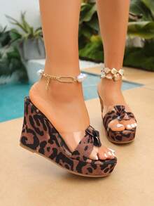 Sandalias de plataforma sexy de tacón súper alto con estampado de leopardo y punta abierta transparente, cómodas sandalias de cuña de moda para mujeres - Marrón - Ver 6
