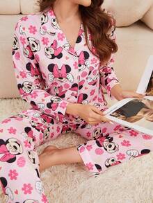 Disney 2pcs Cartoon Print Ruffle Collar Casual Long Sleeve Pants Women Pajama Set - Pink - View 1