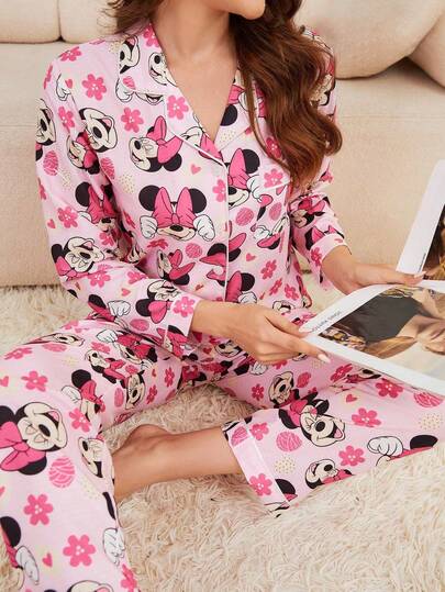 Disney 2pcs Cartoon Print Ruffle Collar Casual Long Sleeve Pants Women Pajama Set