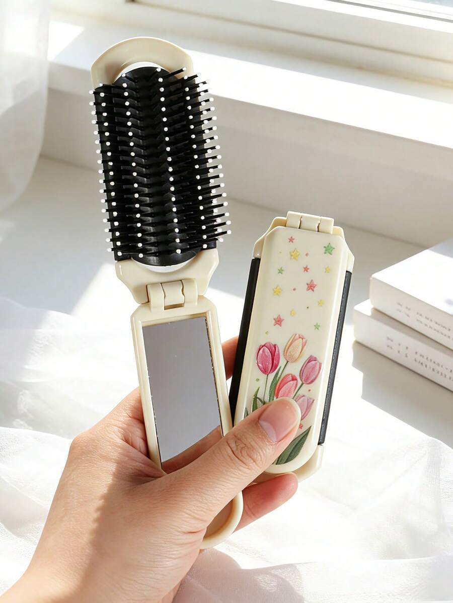 1 pieza Peine plegable con diseño de impresión de tulipán, incluye mini espejo, peine de viaje de bolsillo, compacto y portátil, adecuado para hombres y mujeres, gran regalo