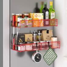Estante magnético metálico organizador de especias con ganchos almacenamiento fuerte y movible para refrigerador y cocina paquete de 2 color rojo - Rojo - Ver 7