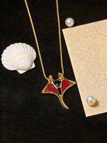 1pc 18K Gold Plated Stainless Steel Enamel Colorful Manta Ray & Devil Fish Pendant Necklace, Beach Vacation Style, Fashion Curb Chain Choker - Stingray - View 8