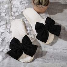 Women's Home Slippers, Black Bow Knot Pleated Fabric, Fashionable Casual Indoor Wear, Autumn/Winter - Beige - View 14
