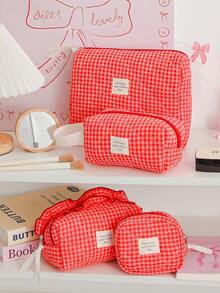 1Pc/Set Red Plaid Gilrs Make Up Bag Travel Toiletry Bag, Large Capacity Cosmetic Bag Pouch Handheld Makeup Bag Portable Toiletry Washing Bag Skincare Bag With Zipper Closure For Cosmetics,Brushes,Skincare,Lip Oil,Hand Cream,Sationery,Coin,Small Items,Make Up Case Makeup Pouch Cosmetic Organizer,Home Decor Livingroom Decor,Travel Essentials,Birthday Gift Wedding Bridesmaid Gift - Redberry Grid - View 9