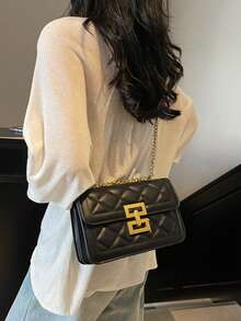 极简金属装饰链条单肩包，优雅PU皮革斜挎包，女士时尚手提包兼钱包 - 黑色 - 查看 4