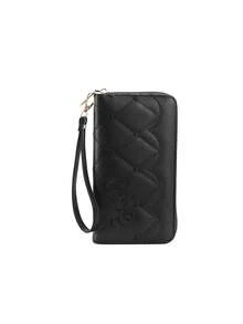 新款刺绣爱心字母拉链钱包，复古简约PU皮革多功能女士手拿包，带腕带 - 黑色 - 查看 6