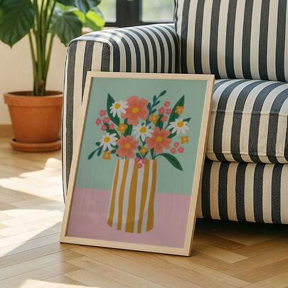 Tranh nghệ thuật không khung trên vải canvas, họa tiết thực vật mùa xuân, hoa trong bình kẻ sọc, trang trí tường màu đào và vàng mù tạt, tranh hoa sống động, nghệ thuật hoa.
