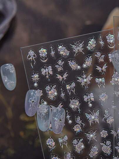 1片5D珍珠蝴蝶美甲贴纸，流光溢彩银色奢华玫瑰蝴蝶美甲贴纸，DIY美甲装饰