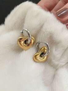 Stainless Steel Waterproof Vintage Gold & Silver Dual-Color Heart Shaped Earrings, Ideal For Women For Daily Wear Valentines,Mom,Mother,Mother's Day,Gift - 金色雙色 - 查看 4