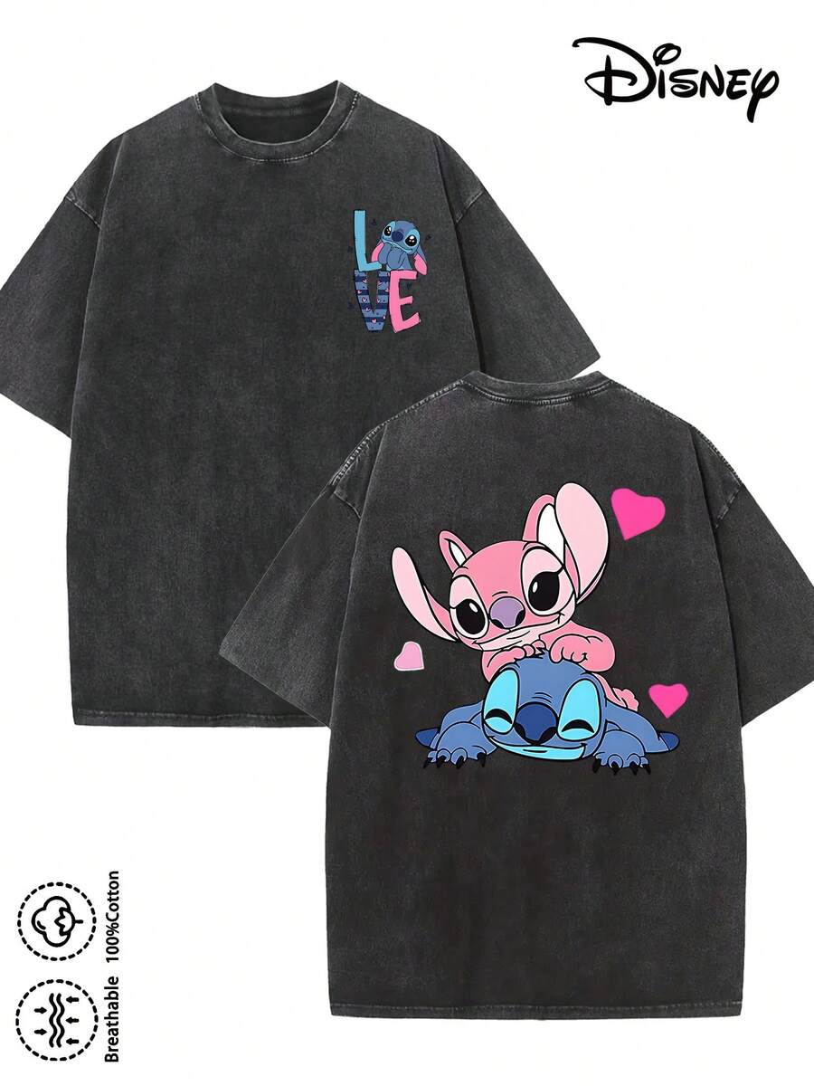 Disney-Licensed Men's Cotton T-Shirt For The 2026 Family Holiday. Featuring A Stitch Motif, Washed Crew Neck, Soft And Comfortable Feel, Easy Care And Suitable For Various Occasions Such As Holidays, Everyday Life And Commuting – Full Of Festive Spirit. - 黑色 - 查看 1