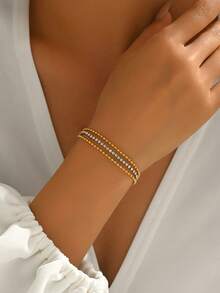 LIEBEIRIS 1pc 18K Gold Plated Zirconia Triple-Layer Stainless Steel Bracelet, Suitable For Daily Wear And Gift - Yellow Gold - View 1