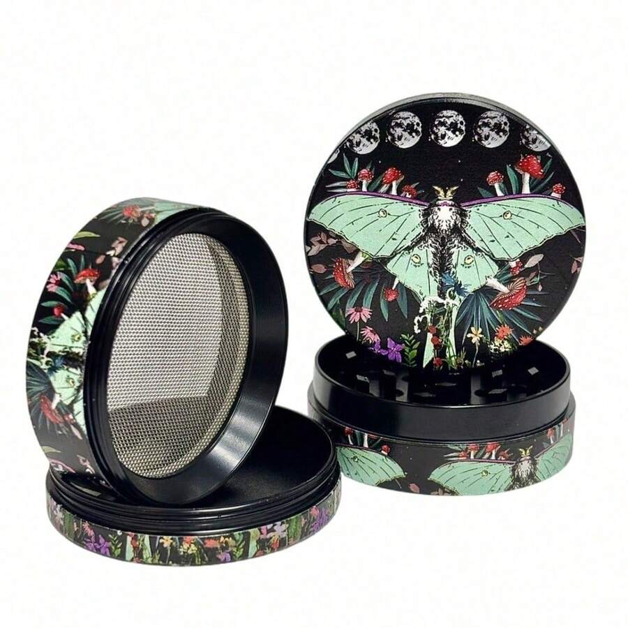 1pc Random Style Green Butterfly Pattern Powerful Grinder, Portable Mini Metal Herb Grinder And Kitchen Spice Mill, Christmas & Halloween Gift - Multicolor - View 1