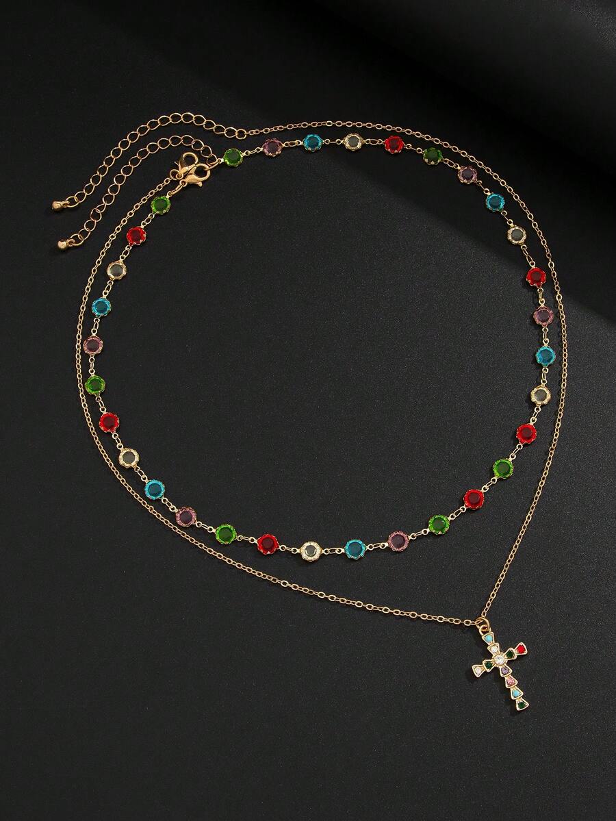 2pcs Men's Retro Punk Cross Pendant Necklace With Diamond Chain, Suitable For Holiday Gifts (Diamond Color And Position Random) - 2pcs - View 1